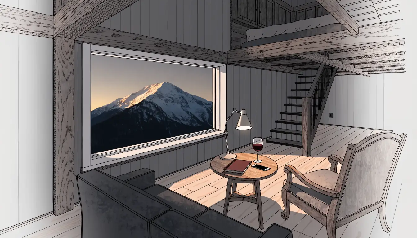 Gemütliches Schweizer Chalet mit Blick auf verschneite Alpen bei Abendlicht
