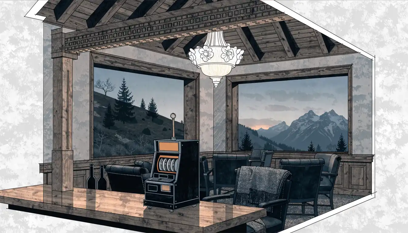 Gemütliche Schweizer Casino-Lounge mit Spielautomat auf Holztresen bei Abendlicht