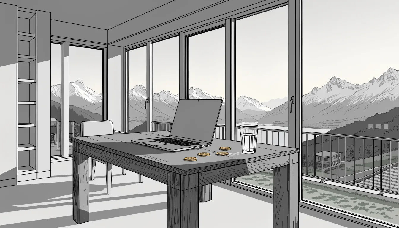 Schweizer Wohnzimmer mit Laptop und Bitcoin-Marken vor Alpenblick