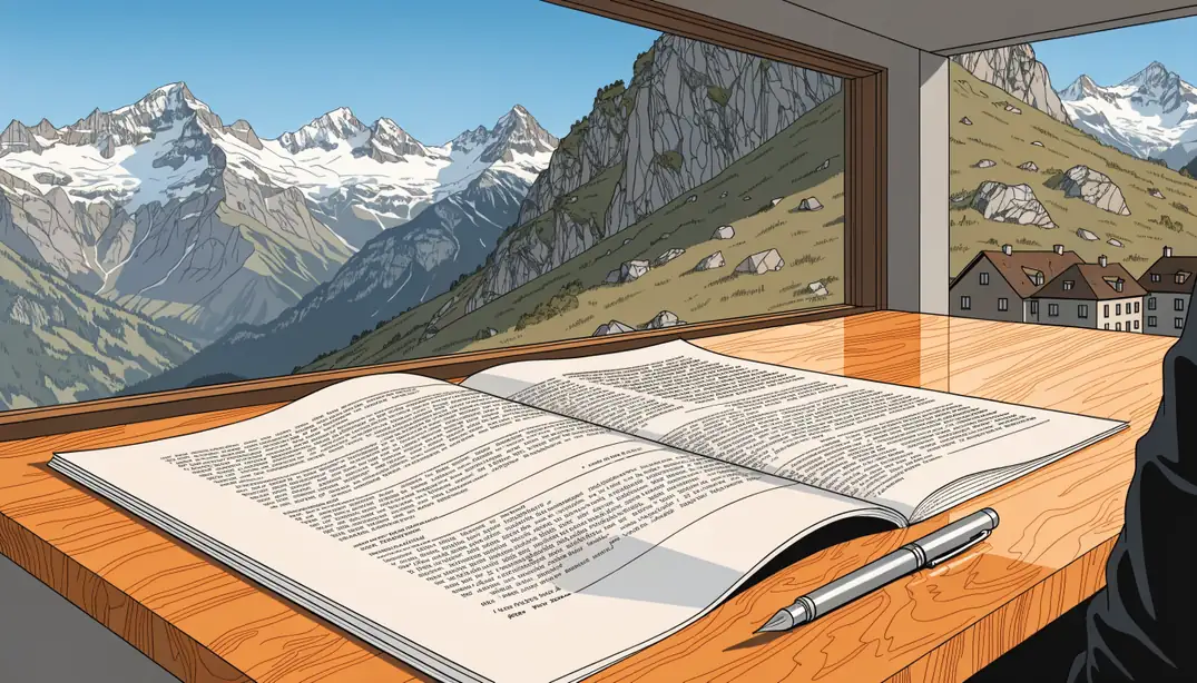 Offizielles Schweizer Rechtsdokument auf einem Holzpult mit Alpenblick durch das Fenster