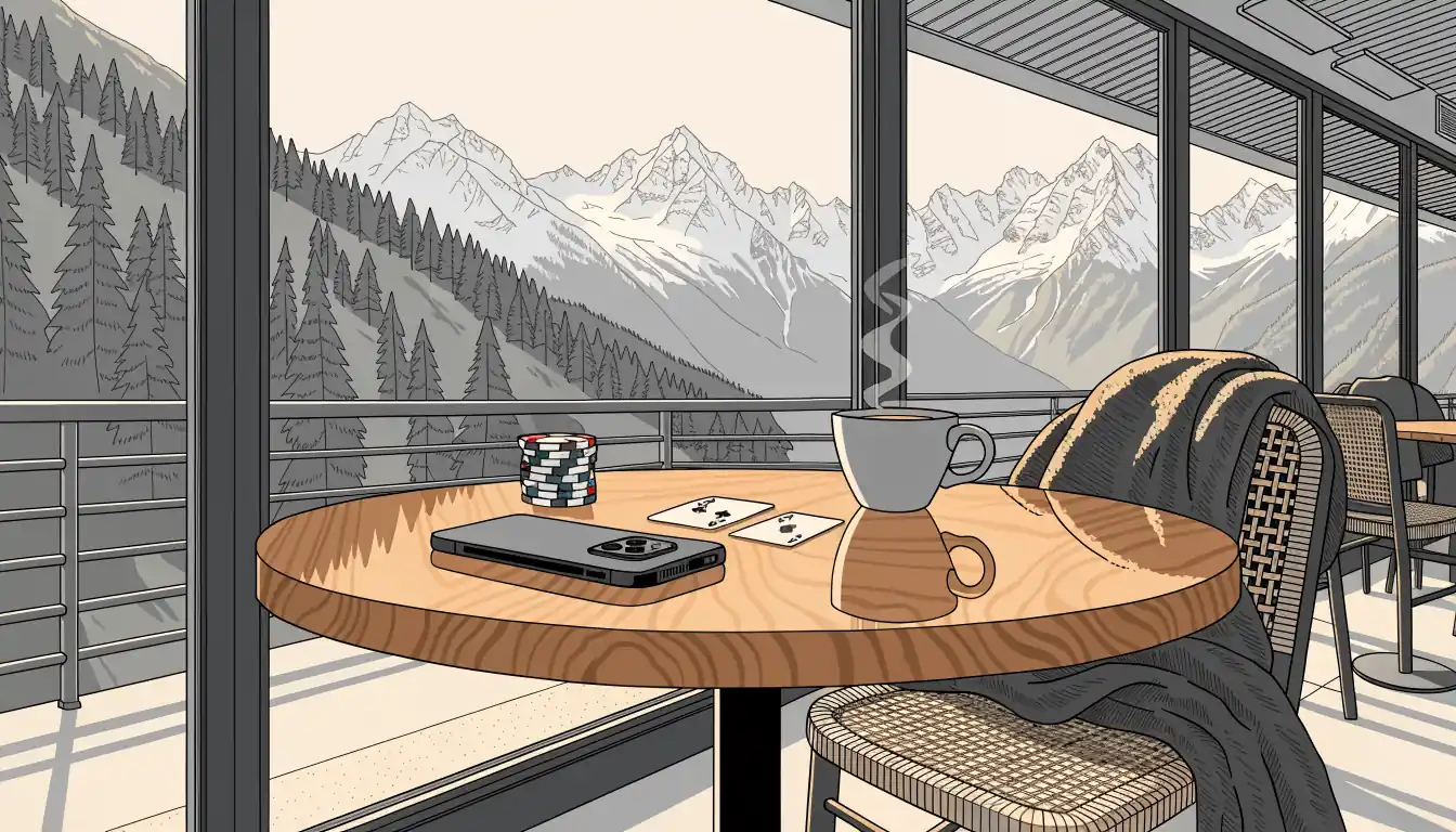 Smartphone mit Casino-Chips auf einer Schweizer Alpen-Café-Terrasse bei Sonnenlicht