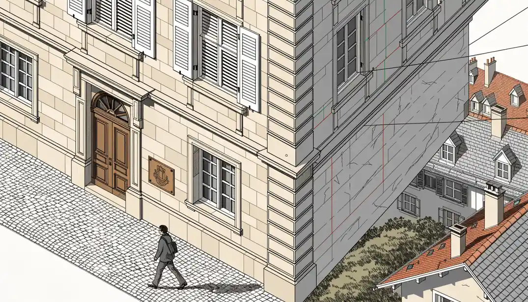 Fassade eines Schweizer Steinhauses mit offizieller Plakette und Kopfsteinpflaster.