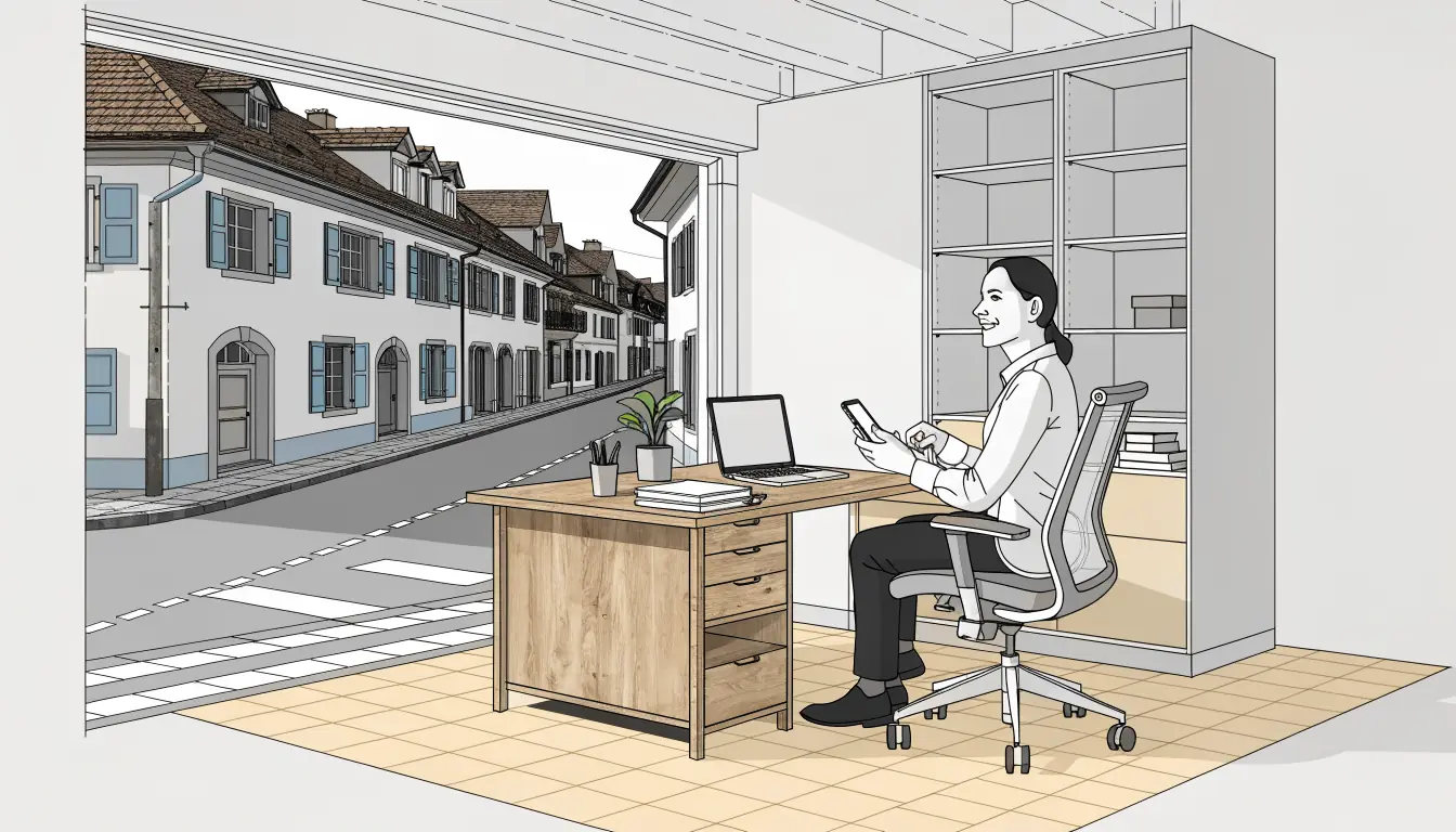 Lächelnde Kundendienst-Mitarbeiterin an einem Schreibtisch mit Smartphone und Laptop in einem Schweizer Büro.