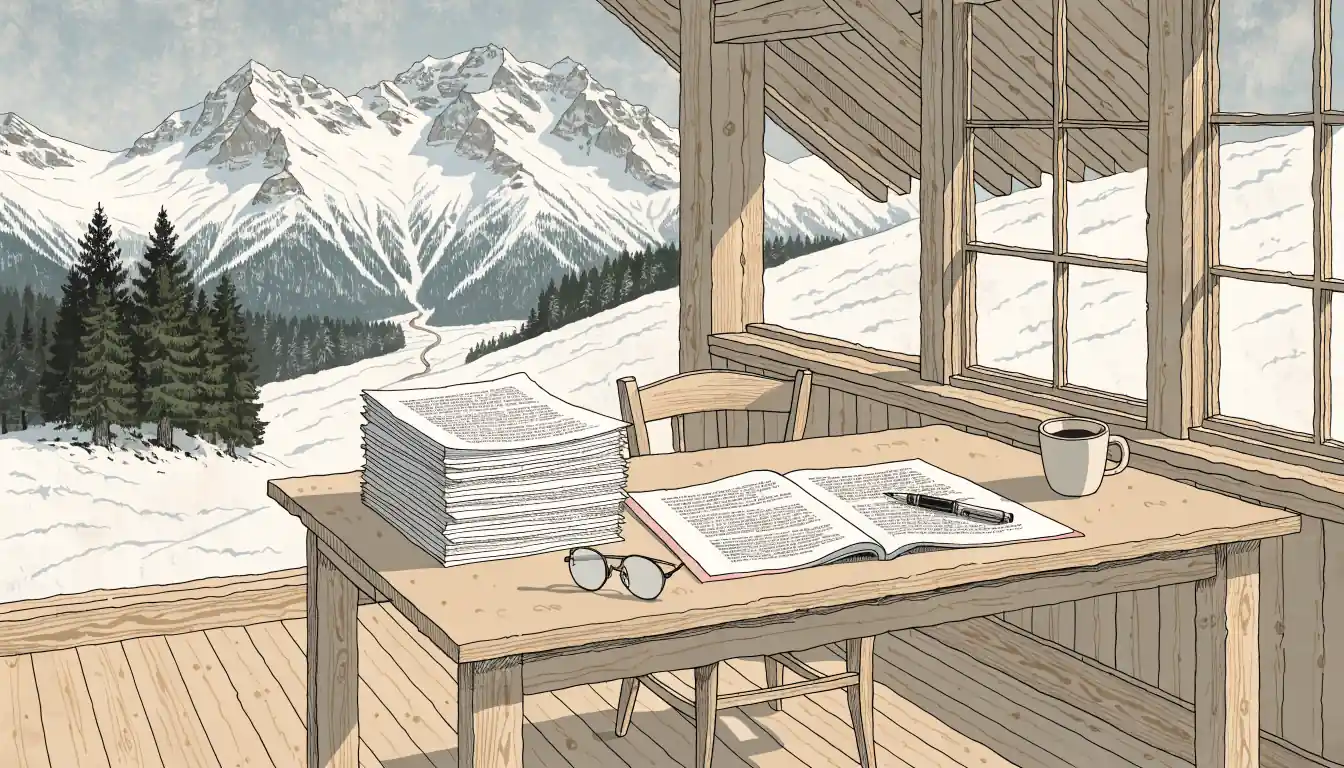 Schreibtisch in einem Schweizer Chalet mit ausgedruckten Nutzungsbedingungen, Füllfederhalter und Alpenblick durch das Fenster.