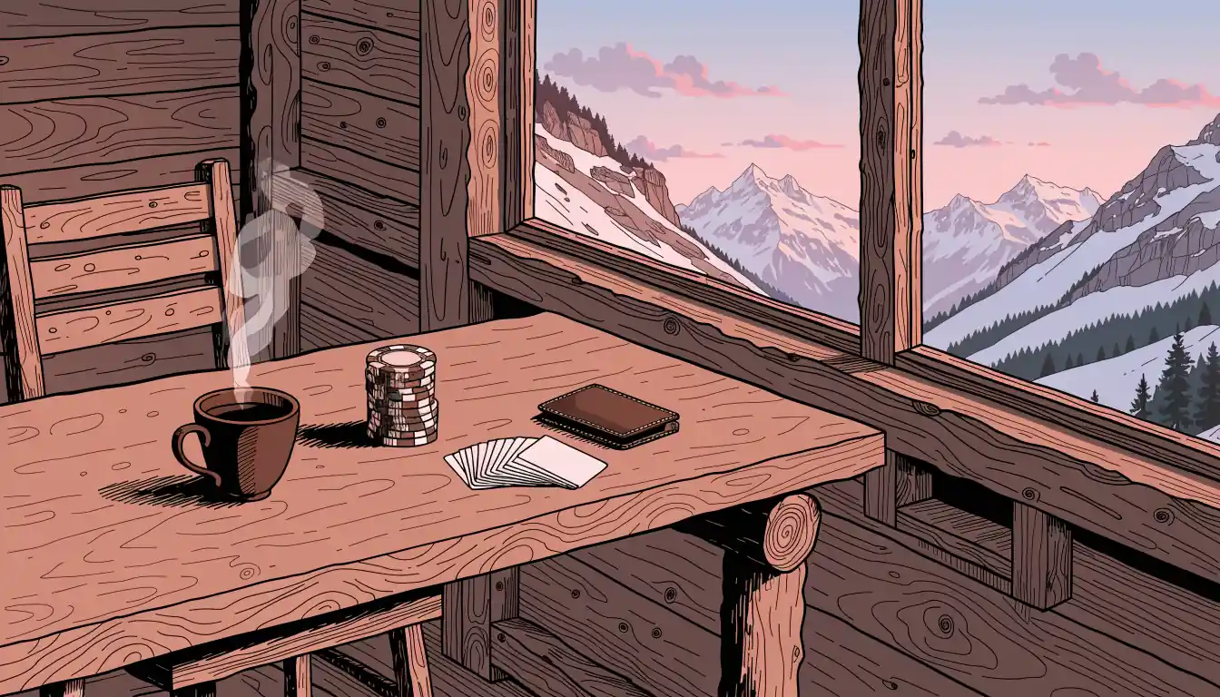 Rustikale Schweizer Chalet-Szene mit Casino-Chips, Spielkarten und Alpenblick in der Abenddämmerung.